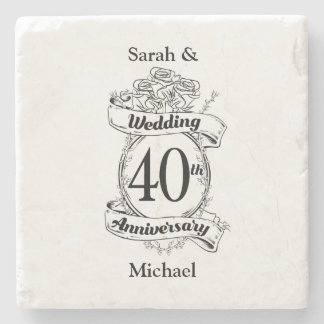 40th Ruby Wedding Anniversary Black and white Stone Coaster