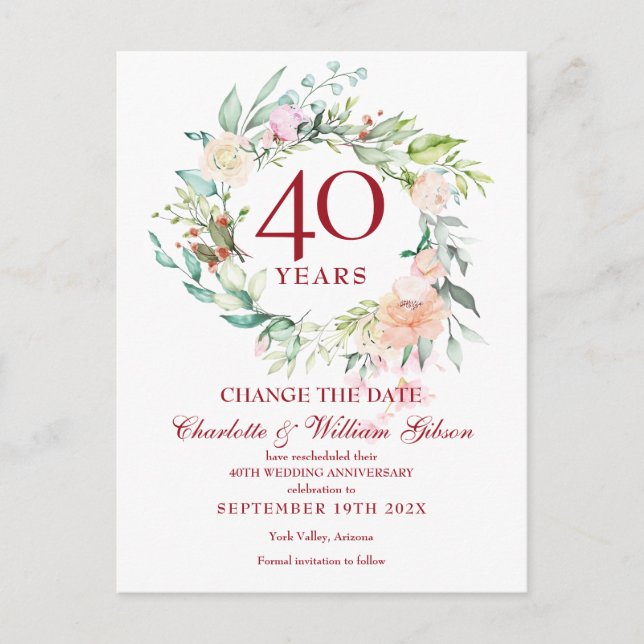 40th Ruby Wedding Anniversary Change the Date Announcement Postcard (Front)