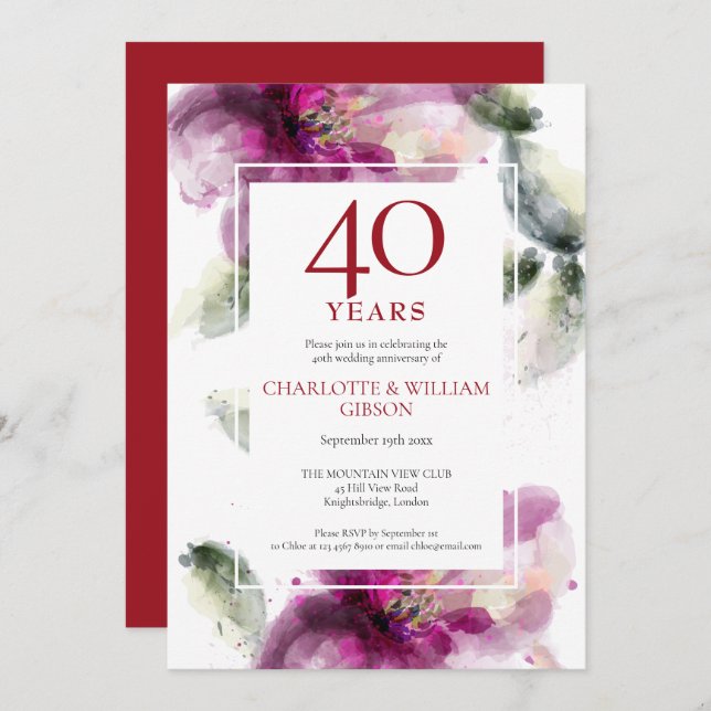 40th Ruby Wedding Anniversary Chic Lilies Floral  Invitation (Front/Back)