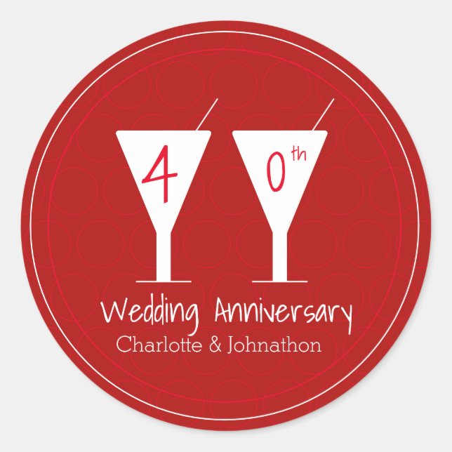 40th Ruby Wedding Anniversary cocktail design Classic Round Sticker (Front)