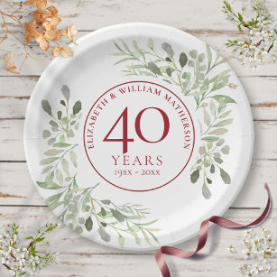 40th Ruby Wedding Anniversary Country Greenery  Paper Plate