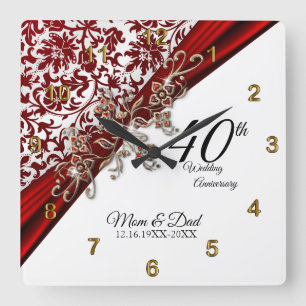 40th Ruby Wedding Anniversary Design Square Wall Clock