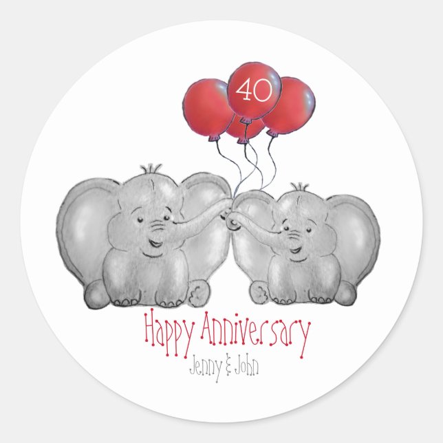 40th ruby wedding anniversary elephant classic round sticker (Front)