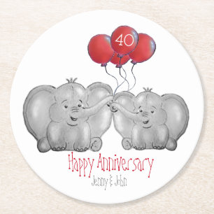 40th ruby wedding anniversary elephant gift round paper coaster