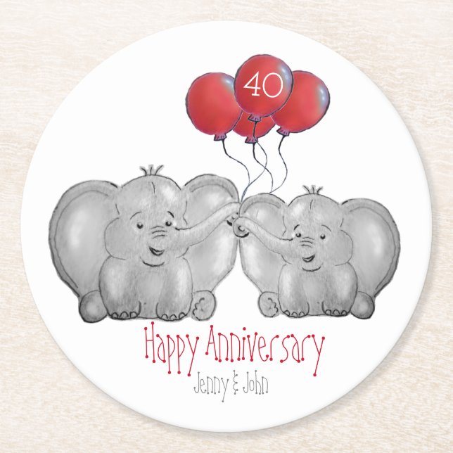 40th ruby wedding anniversary elephant gift round paper coaster (Front)