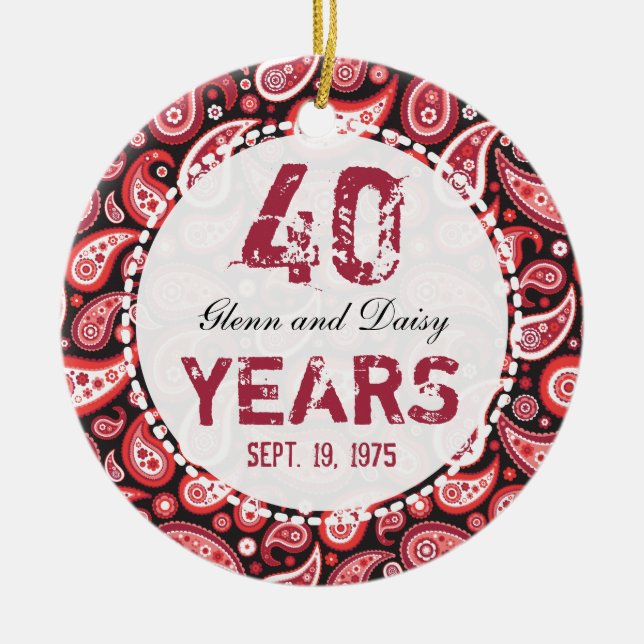 40th Ruby Wedding Anniversary Paisley Monogram Ceramic Ornament (Front)