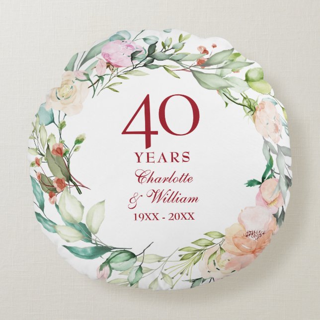 40th Ruby Wedding Anniversary Photo Country Floral Round Pillow (Front)