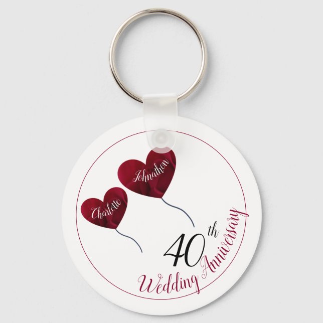 40th Ruby wedding anniversary red heart balloons Keychain (Front)