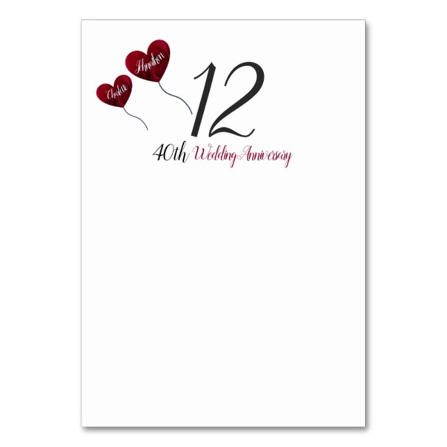 40th Ruby wedding anniversary red heart balloons Table Number (Front)