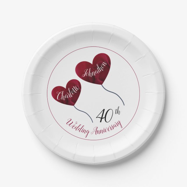 40th ruby wedding anniversary red heart paper plate (Front)