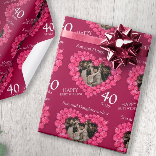  40th Ruby Wedding Anniversary red hearts photo Wrapping Paper (Creator Uploaded)