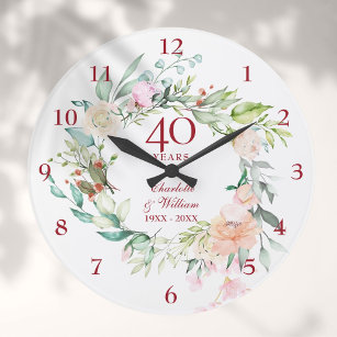 40th Ruby Wedding Anniversary Roses Floral Large Clock