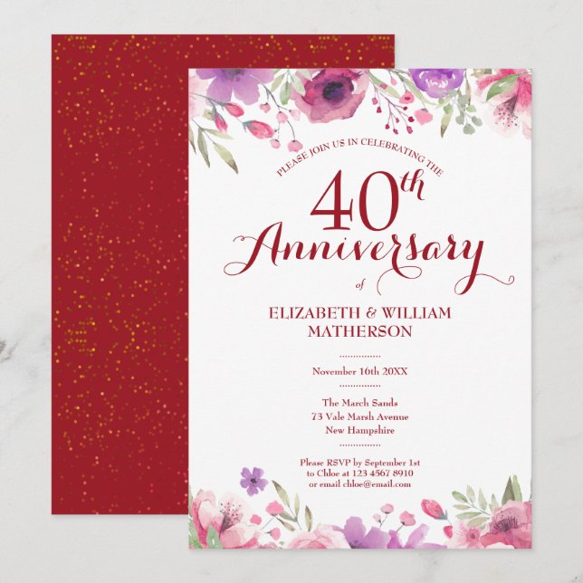 40th Ruby Wedding Anniversary Watercolor Floral Invitation (Front/Back)