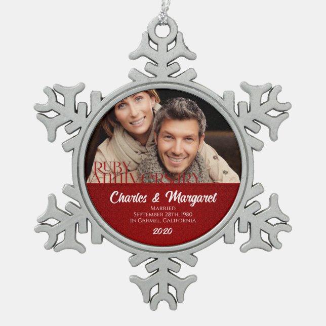 40th Ruby Wedding Annivsersary Red Damask Photo Snowflake Pewter Christmas Ornament (Front)