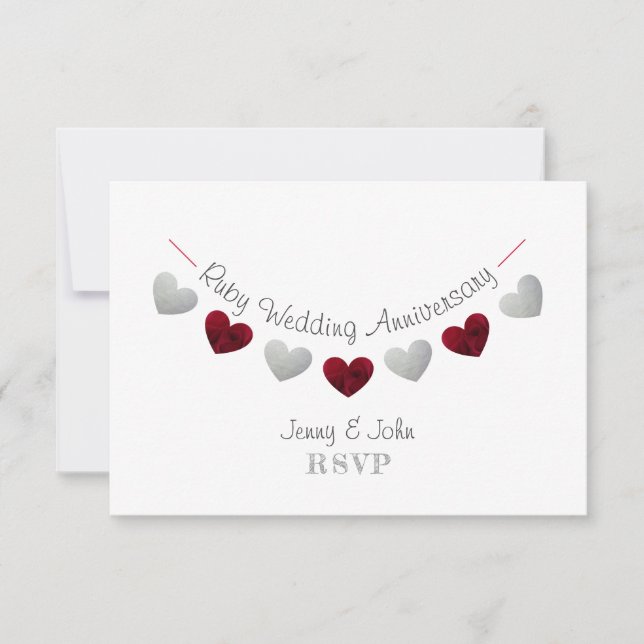 40th ruby wedding heart anniversary RSVP card (Front)