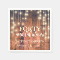 40th Rustic Brown Wood Lights Birthday | Napkins