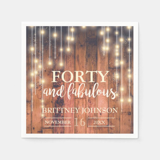 40th Rustic Brown Wood  Lights Birthday | Napkins (Front)
