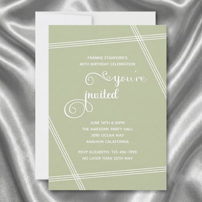 40th Simple Modern Elegant Birthday Party Invites (40th birthday sage green invite. Grey silk background.)