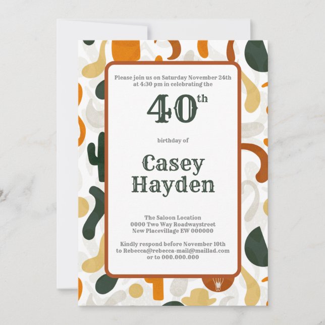 40th Southwestern style cowboy hat cactus Invitation (Front)