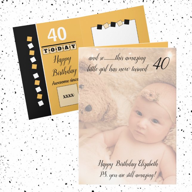 40th still amazing yellow and black birthday photo card (Creator Uploaded)