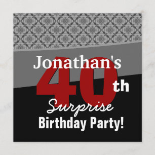 40th Surprise Birthday Black White Red Diamonds Invitation
