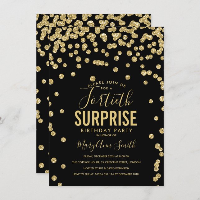 40th Surprise Birthday Gold Black Invitation (Front/Back)