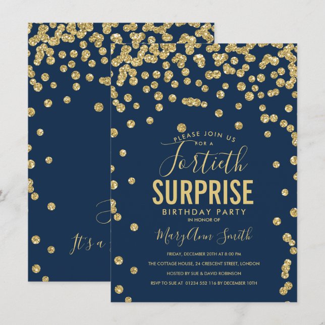 40th Surprise Birthday Gold Navy Blue Invitation (Front/Back)