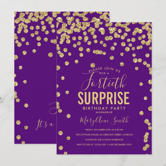 40th Surprise Birthday Gold Purple Invitation (Front/Back)