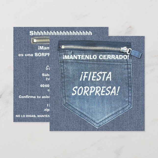 40th SURPRISE Birthday Party Keep It Zipped Denim Invitation (Front/Back)