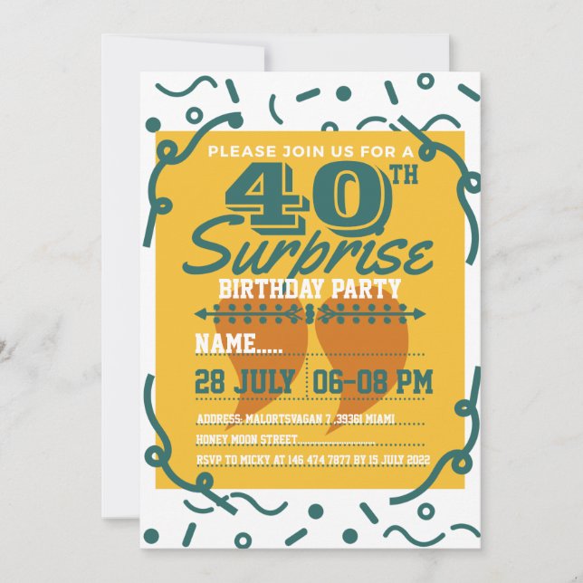 40th surprise birthday party Modern vintage yellow Invitation (Front)