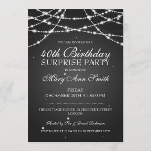 40th Surprise Birthday Party String Stars Black Invitation