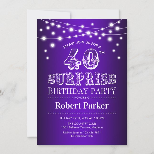 40th Surprise Birthday - Purple White Invitation (Front)