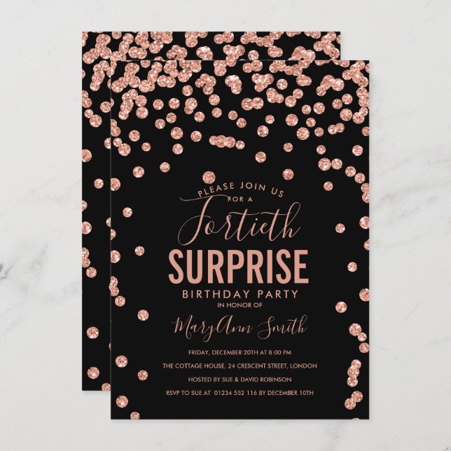 40th Surprise Birthday Rose Gold Black Invitation (Front/Back)