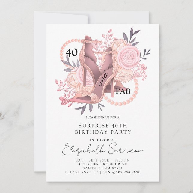 40th Surprise Birthday | Roses High Heels Invitation (Front)