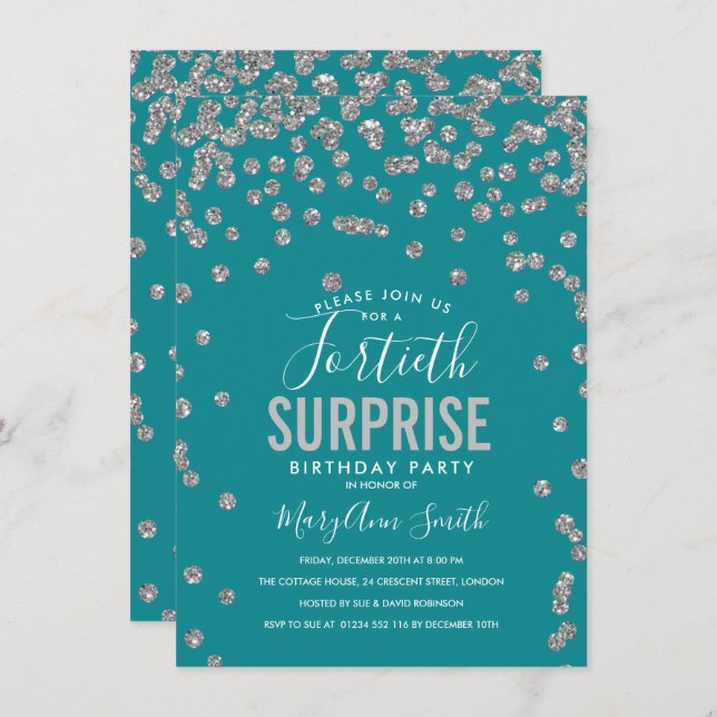 40th Surprise Birthday Silver Teal Invitation (Front/Back)