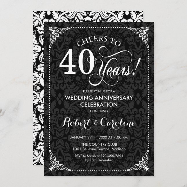 40th Wedding Anniversary - Black White Damask Invitation (Front/Back)