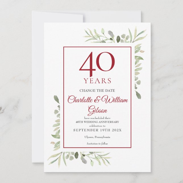 40th Wedding Anniversary Change the Date Greenery  Invitation (Front)