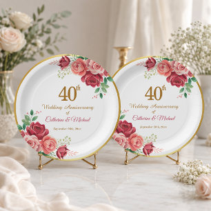 40th Wedding Anniversary Gold Frame Floral Paper Plate