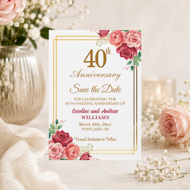 40th Wedding Anniversary Gold Frame Floral  Save The Date (Creator Uploaded)
