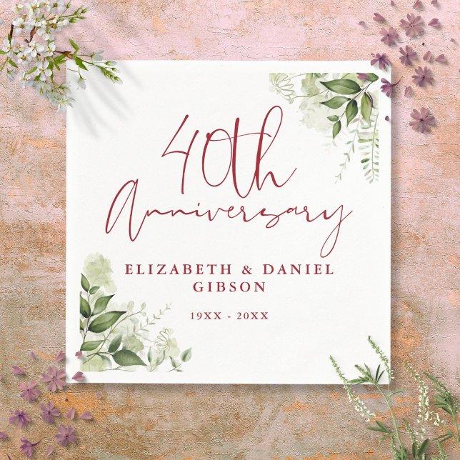 40th Wedding Anniversary Greenery Floral Napkin (40th Wedding Anniversary Greenery Floral Napkins)
