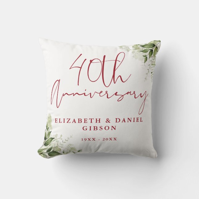 40th Wedding Anniversary Greenery Floral Throw Pillow (Front)