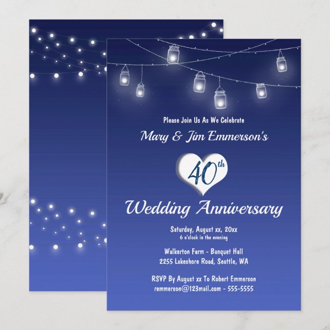 40th Wedding Anniversary Invitation -String Lights (Front/Back)