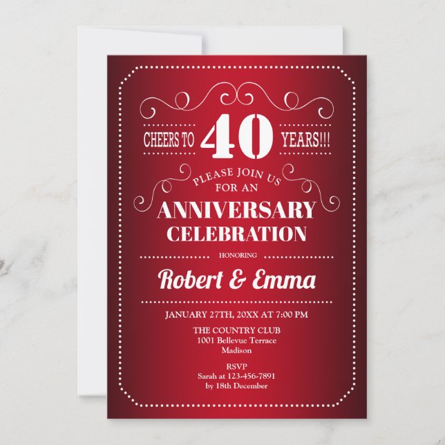 40th Wedding Anniversary Party - Ruby Red Invitation (Front)
