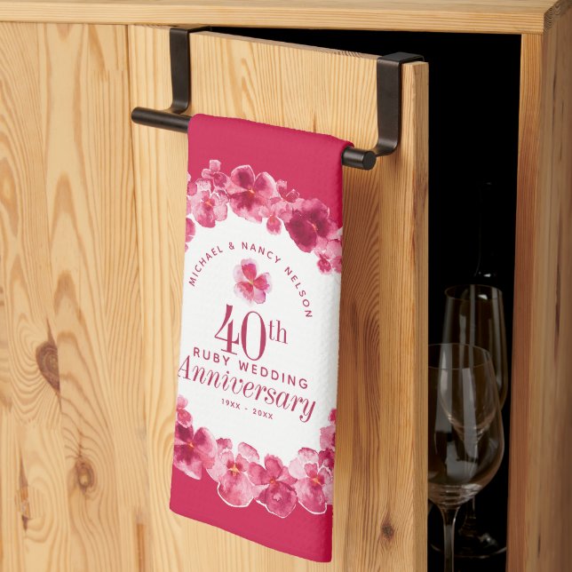 40th wedding anniversary party ruby red pansy kitchen towel (Thirds Fold)