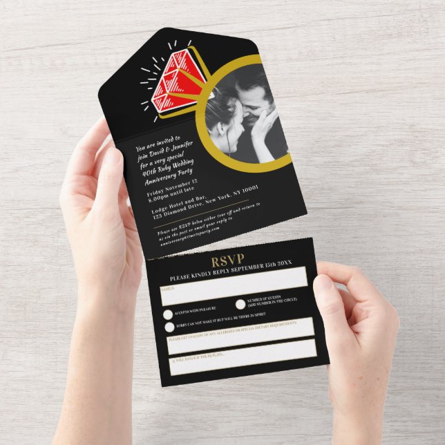 40th wedding anniversary party ruby red ring all in one invitation (Tearaway)