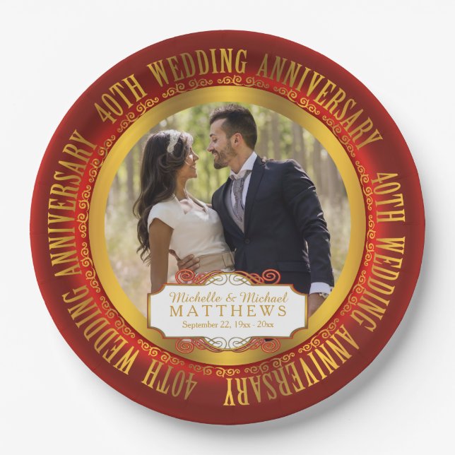 40th Wedding Anniversary Photo Red | Gold Tone Paper Plate (Front)