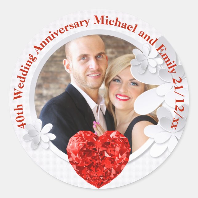 40th Wedding ANNIVERSARY PHOTO RUBY Classic Round Sticker (Front)