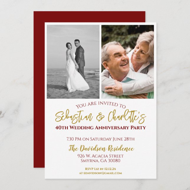 40th Wedding Anniversary Photograph Ruby Invitation (Front/Back)