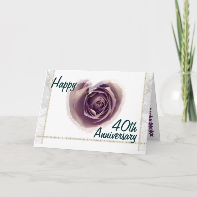 40th  Wedding Anniversary - Purple Rose Heart Card (Front)