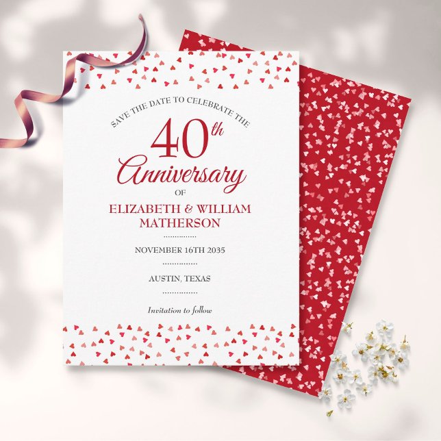 40th Wedding Anniversary Ruby Hearts Save the Date Postcard (Creator Uploaded)